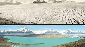 MENOS. EL ESTUDIO DICE QUE LOS HIELOS DEL SUR PERDIERON 35 MTS EN 40 A&Ntilde;OS. ARRIBA, EL CALAFATE EN 1928 Y EN 2004.