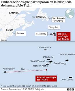 Mapa sobre el operativo de búsqueda del Titán.